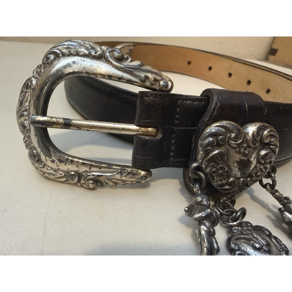 Vintage BRIGHTON Black Leather Belt Silver Heart Charms Sz M 35"L 42903 1996 - Picture 3 of 15